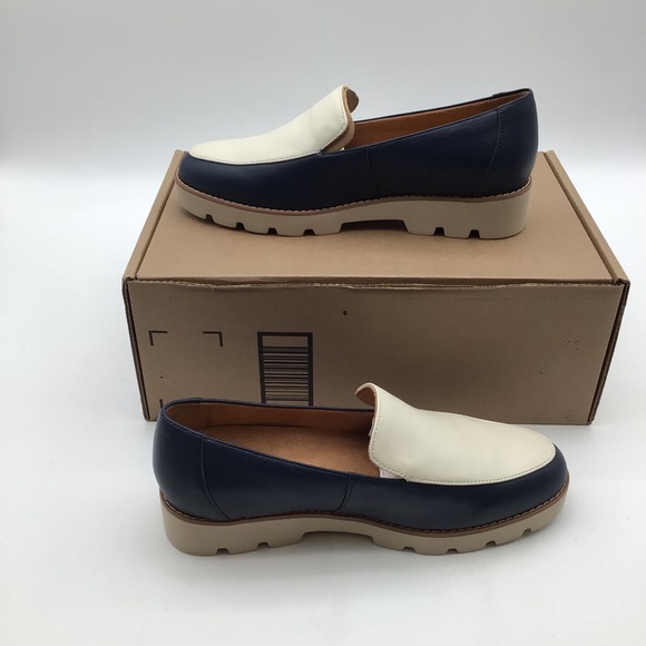 Vionic Kensley Loafer Shoes Navy Cream Leather Chunky Sole Womens 7.5 W - New - Picture 2 of 6